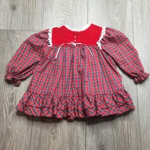 VTG Peaches N Cream Lace Trim Pleated Plaid Apron Dress Red Blue Size 6-9 Mons